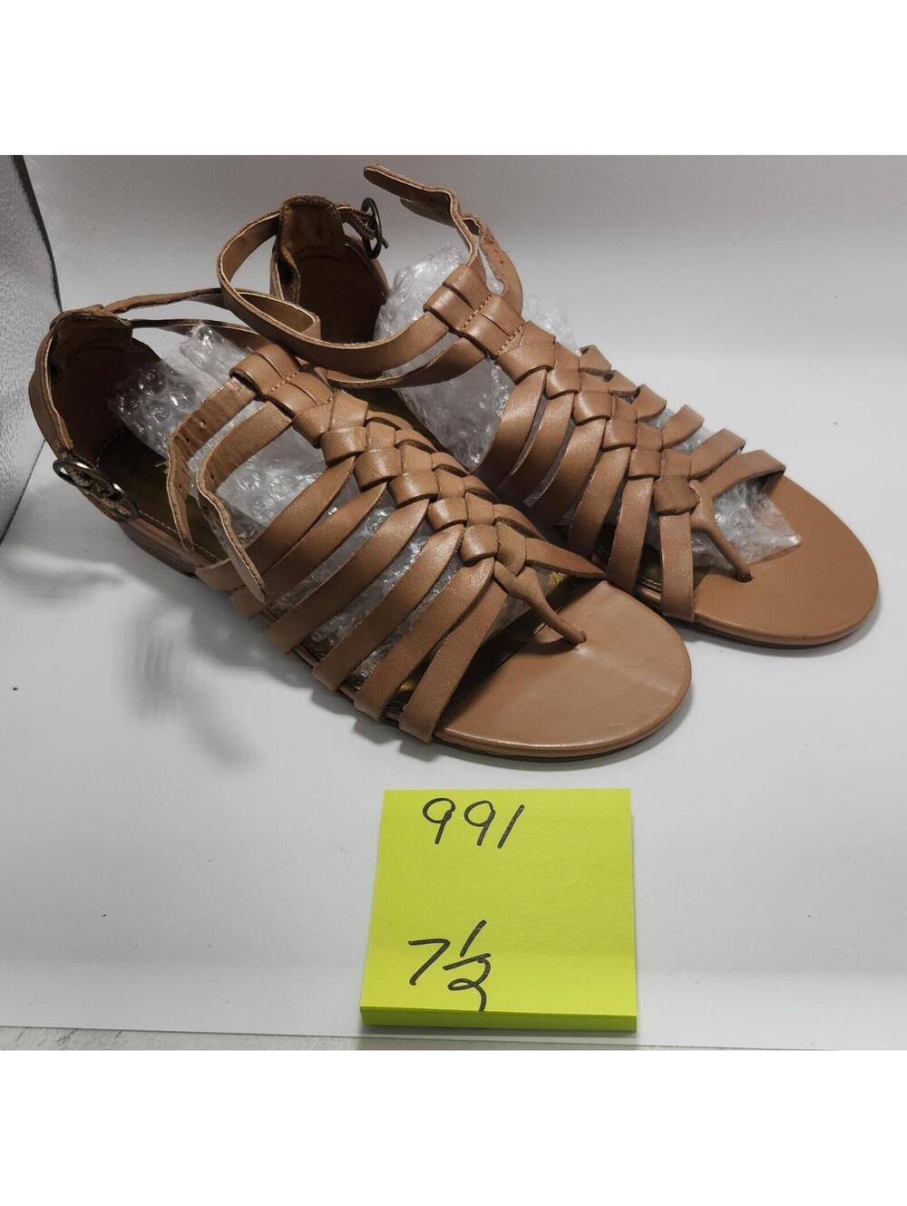 Array Women's Strappy Flat Sandals Leather Brown Buckle Ankle Strap Size 7.5